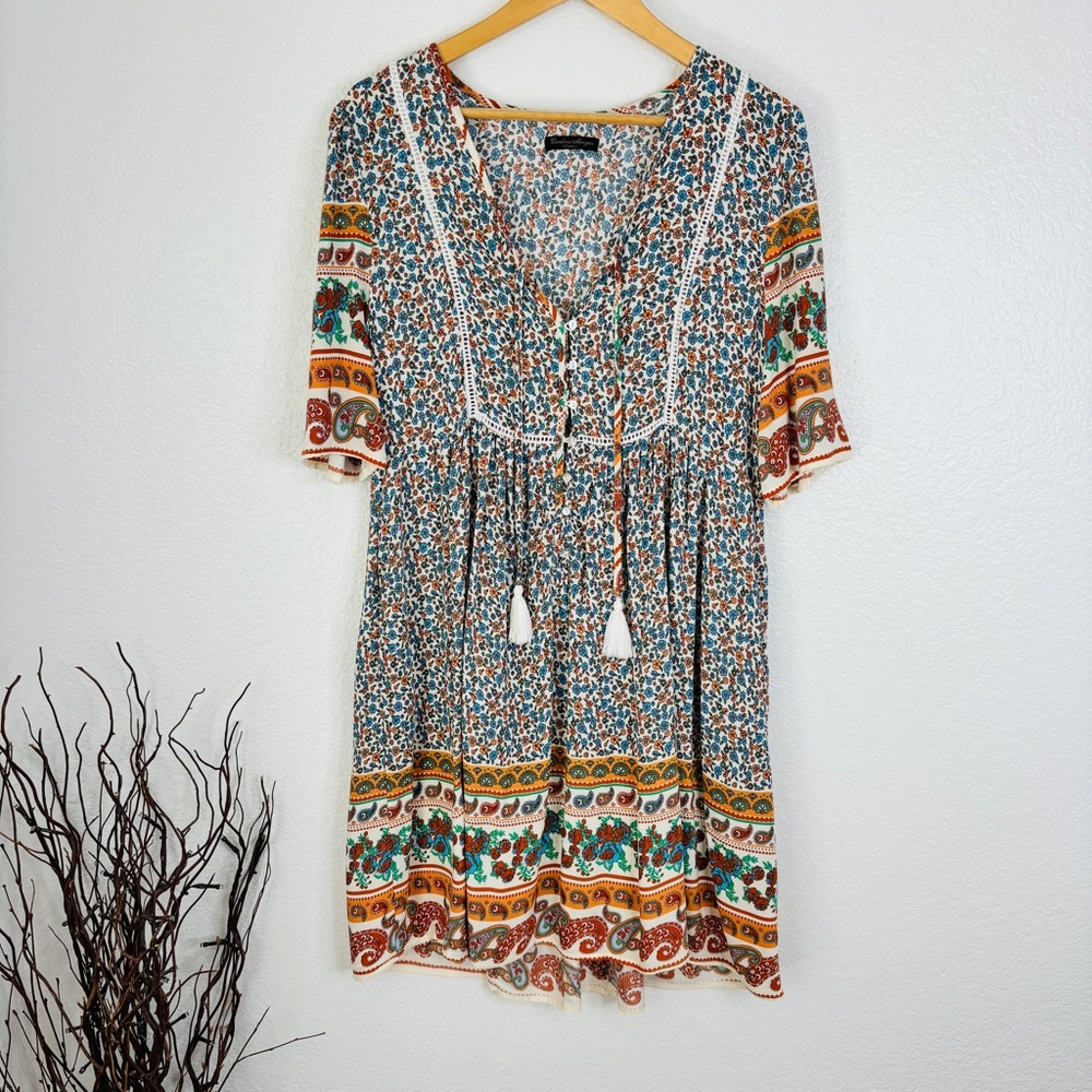 Boho Floral Tassel V-Neck Dress - Multicolor
